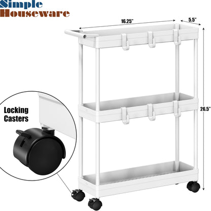 Simple Houseware 3-Tier Slim Rolling Cart with Handle and Hooks for Narrow Storage Places in Bathroom, Laundry and Kitchen, White
