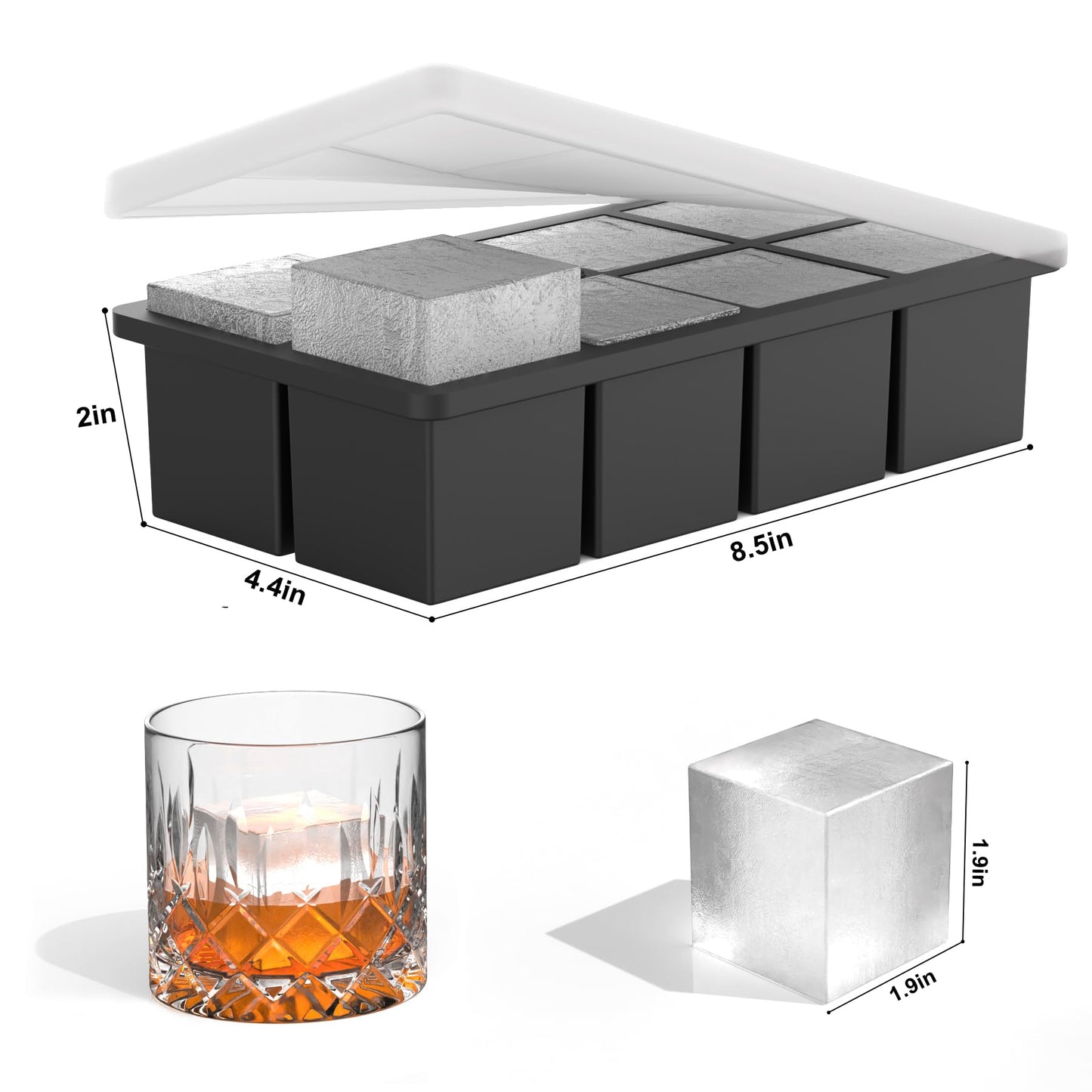 Bangp Silicone Ice Cube Trays with Metal Reinforced Frame(3 Pack),Large Ice Cube Tray with Lid,Easy Release Whiskey Ice Cubes Mold,Ice Trays for Freezer,Stackable Ice Cube Tray(Black)