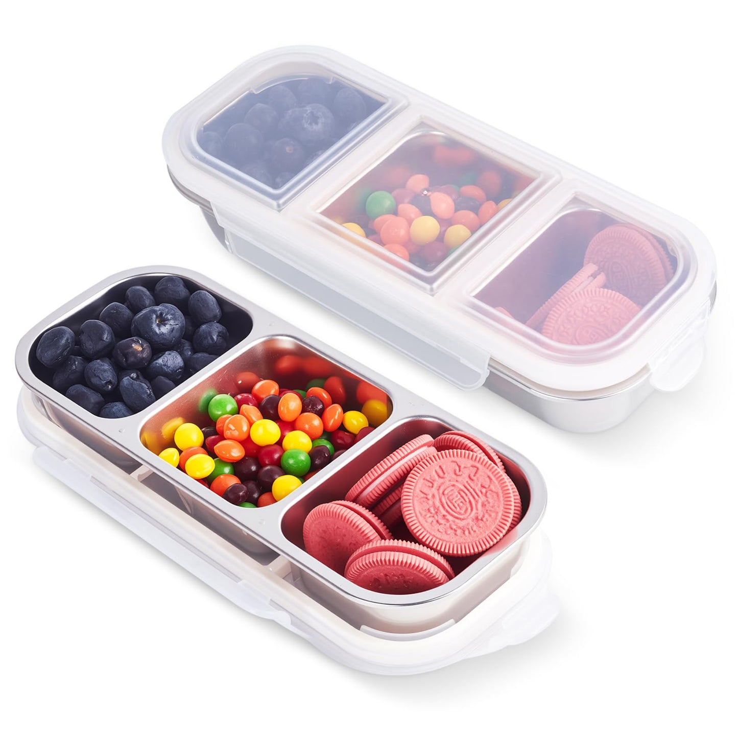 2 PACK Stainless Steel Snack Containers with Lids, 600ML 3 Compartments Divided, Reusable Leakproof Home Food Storage Containers, Grab and Go Lunch Box for Kids