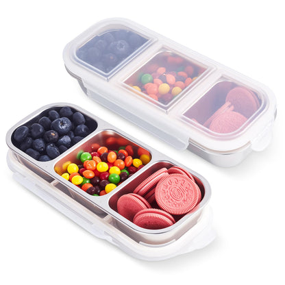 2 PACK Stainless Steel Snack Containers with Lids, 600ML 3 Compartments Divided, Reusable Leakproof Home Food Storage Containers, Grab and Go Lunch Box for Kids