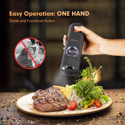 SIMPLETASTE Electric Salt and Pepper Grinder Set, One-Handed, Battery Powered, Adjustable Coarseness, LED Light, Pepper Mills with Stand, Seasoning Tools for Kitchen, Dining