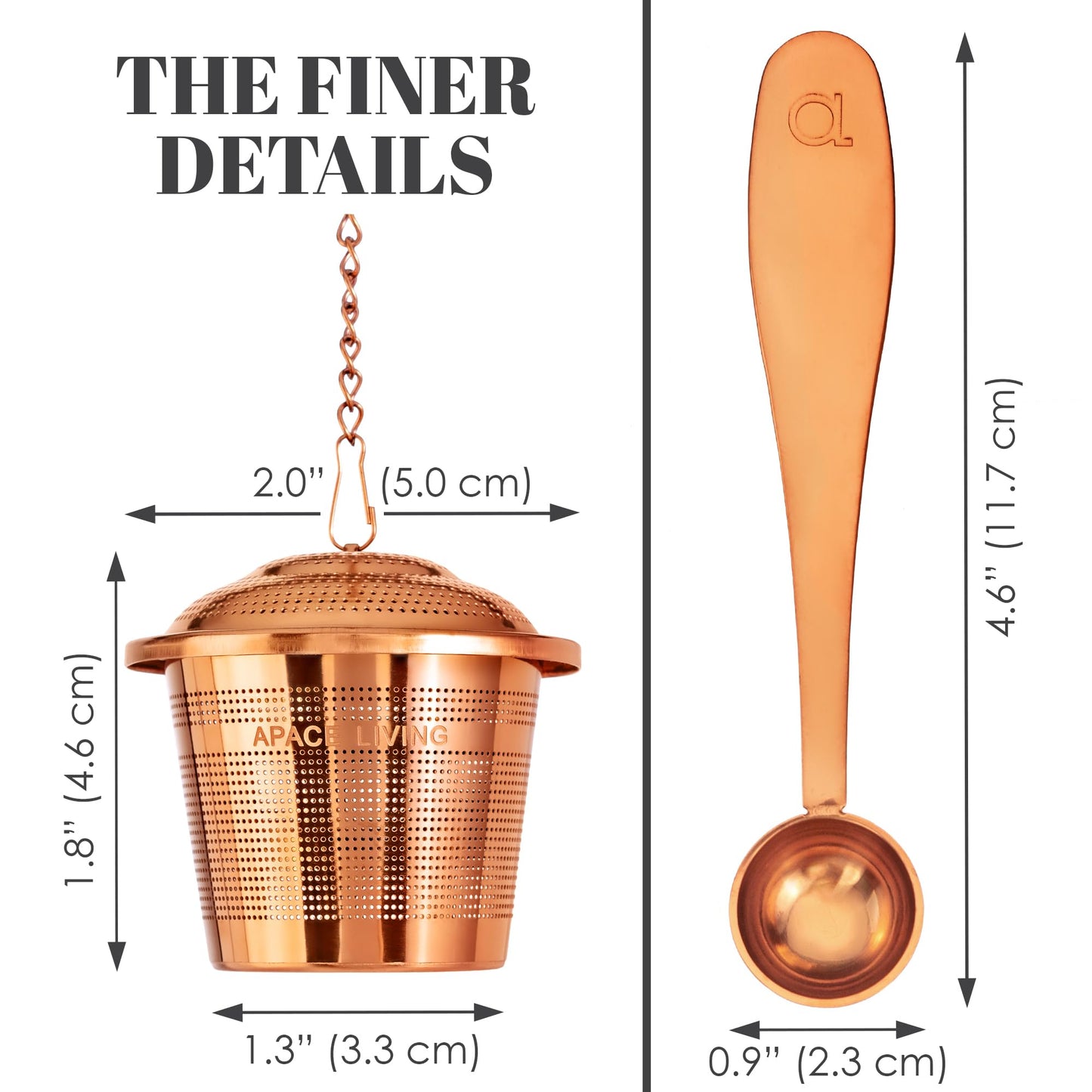 Apace Loose Leaf Tea Infuser (Set of 2) with Tea Scoop and Drip Tray - Ultra Fine Stainless Steel Strainer & Steeper for a Superior Brewing Experience (Rose Gold, Medium)