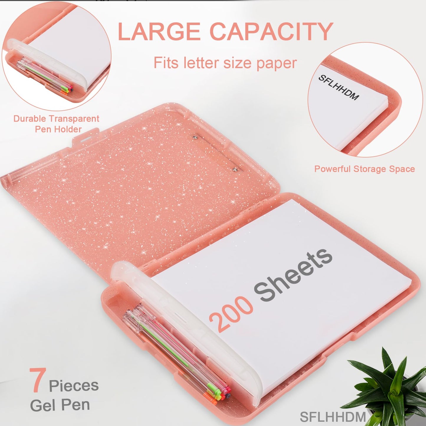 SFLHHDM Glitter Clipboard with Storage,A4 Clip Boards 8.5x11 with Pen Holder,Storage Clipboard with Low Profile Clip,Side Opening Sparkle Clipboards,Clipboards Folder for Office(Pale Pink)