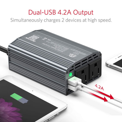 BESTEK 300W Power Inverter DC 12V to 110V AC Car Inverter with 4.2A Dual USB Car Adapter (Grey)