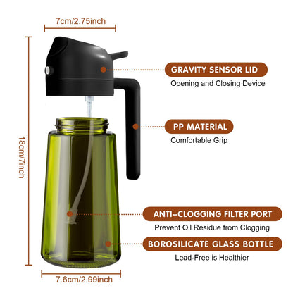 YARRAMATE 2PCS 16oz/470ml 2 in 1 Light Blockage Dark Oil Sprayer for Cooking, Food-Grade Green Glass Olive Oil Dispenser Bottle for Kitchen, Air Fryer, BBQ (Black & Green)