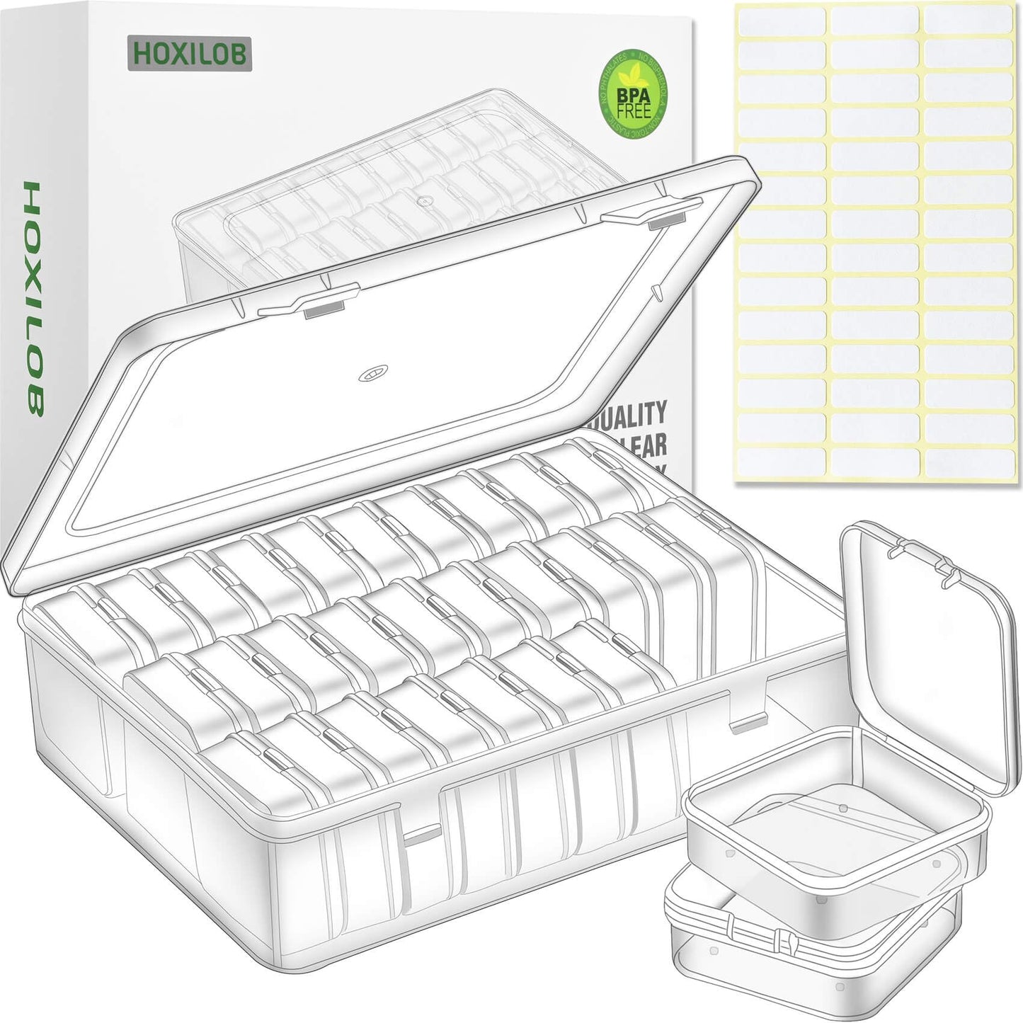 Bead Organizer Box, 30Pcs Small Clear Plastic Bead Storage Containers, 1 Craft Storage Box with Hinged Lid, 42 Labels, Mini Box for Jewelry Making DIY Bracelets Beading Nails Screws Seeds Small Parts