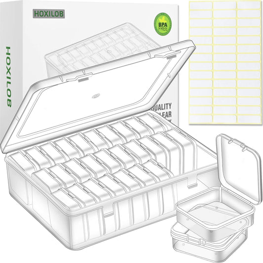 Bead Organizer Box, 30Pcs Small Clear Plastic Bead Storage Containers, 1 Craft Storage Box with Hinged Lid, 42 Labels, Mini Box for Jewelry Making DIY Bracelets Beading Nails Screws Seeds Small Parts