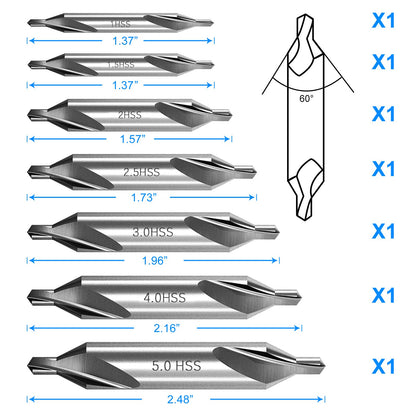 DKIBBITH 7 Pieces Center Drill Bits Set, M2 High Speed Steel 60-Degree Angle Center Drill Bits Kit Countersink Tools for Lathe Metalworking Size 1.0 1.5 2.0 2.5 3.0 4.0 5.0