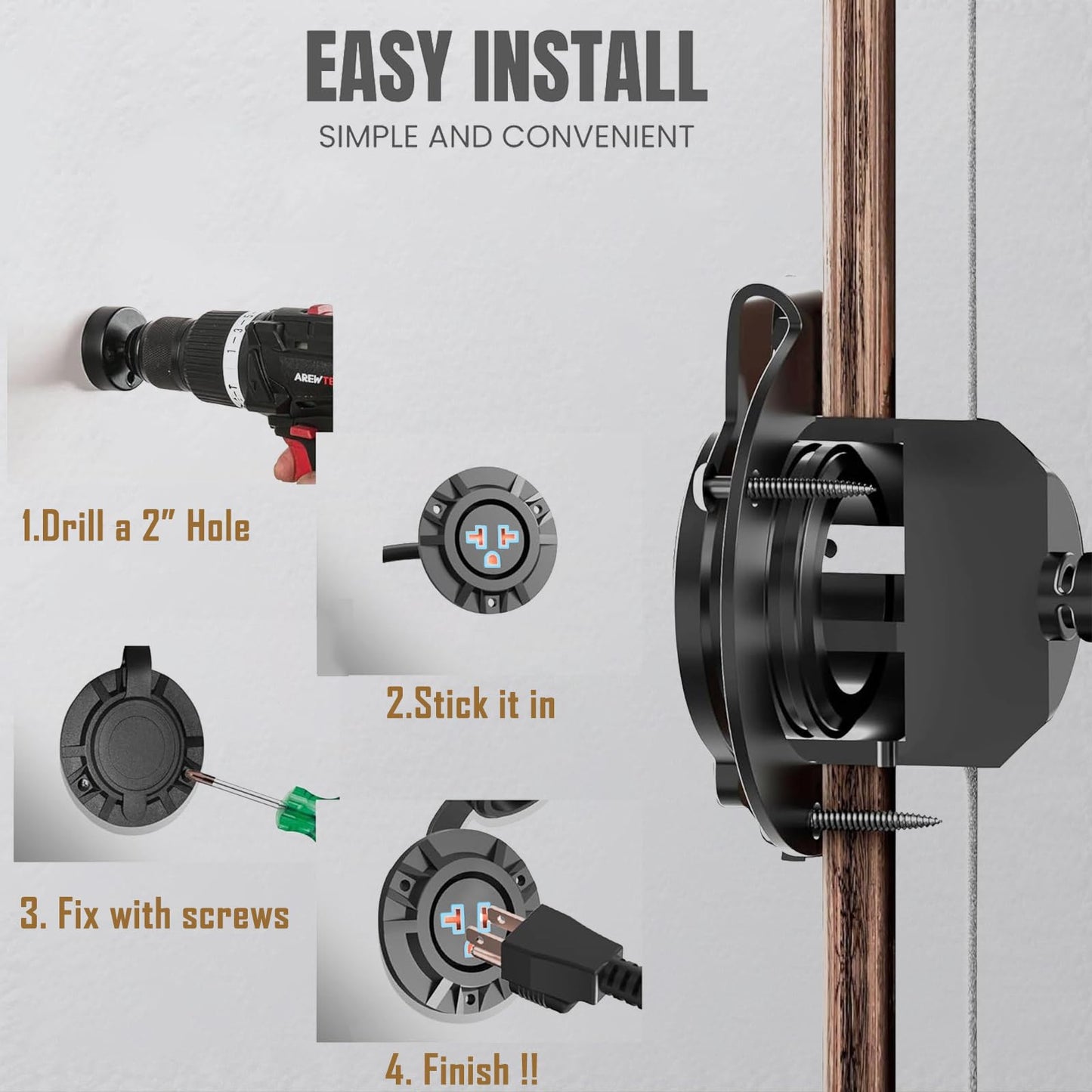 KarlKers 15A Weatherproof Outdoor Power Outlet, 15 Amp 125V NEMA 5-15R Receptacle Outlet with Integrated 20 Inch Extension Cord, 12AWG Outdoor Electrical Outlet with Waterproof Rubber Cover