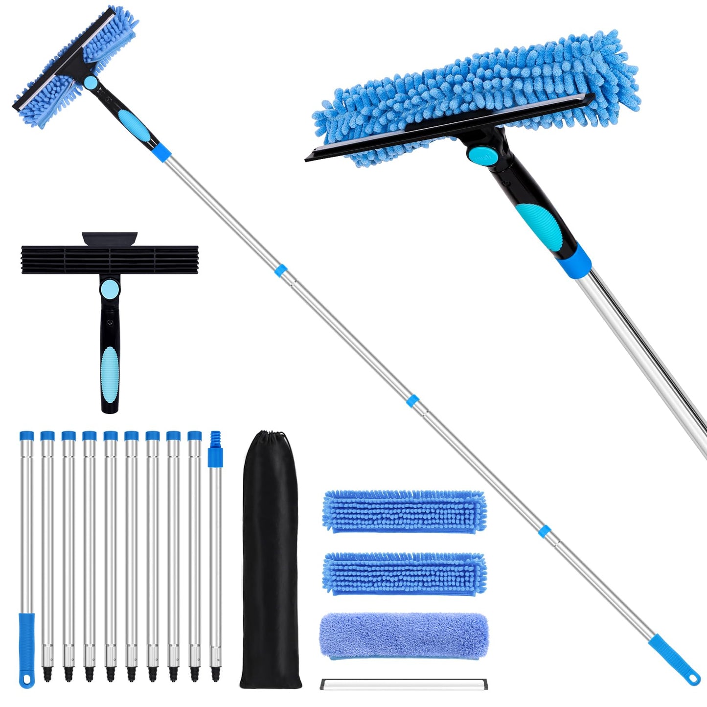 12.7FT/ 3.9M Window Cleaning Tools Window Squeegee, 2 in 1 Rotatable Window Washing Kit with Extension Pole for High Windows, Ceilings, Cars