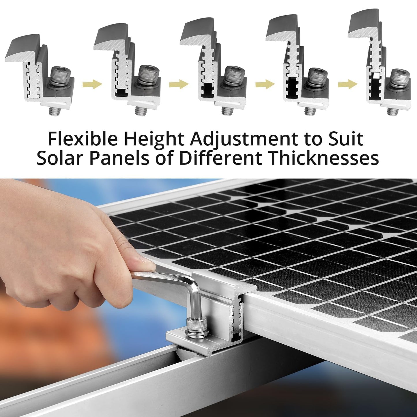 Anbte 10PCS Solar Panel End Clamp, 30-50mm Adjustable, Z Brackets for Solar Panels Include 10 Screws M8, Aluminum Rail End Clamps for Solar Panel PV Mounting System (Silver)