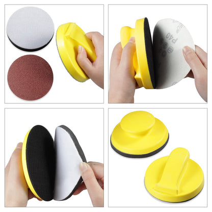 SPEEDWOX 4 Pack 5" Hand Sanding Blocks Round and Mouse-Shaped Hook and Loop Sanding Pad Includes Cleaning Brush, Hook Backing Plate for Wood Furniture Restoration Polishing Home and Car (Yellow)