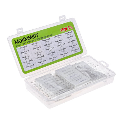 MOKMMKIT 25 Values 50 Pieces Ceramic Cement Resistor KIT 10W Resistance 10 Watt ±5% Power Resistors (100 Ohm - 100K Ohm)