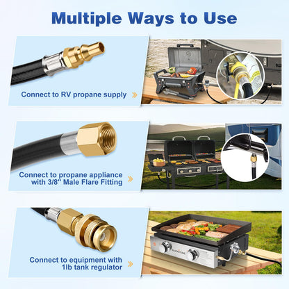 WADEO 12 FT Propane Quick Connect Hose for RV to Gas Grill, 1/4" Quick Connect Hose Converter Replacement for 1 LB Throwaway Bottle Connects 1 LB Portable Appliance to RV 1/4" Female Quick Disconnect