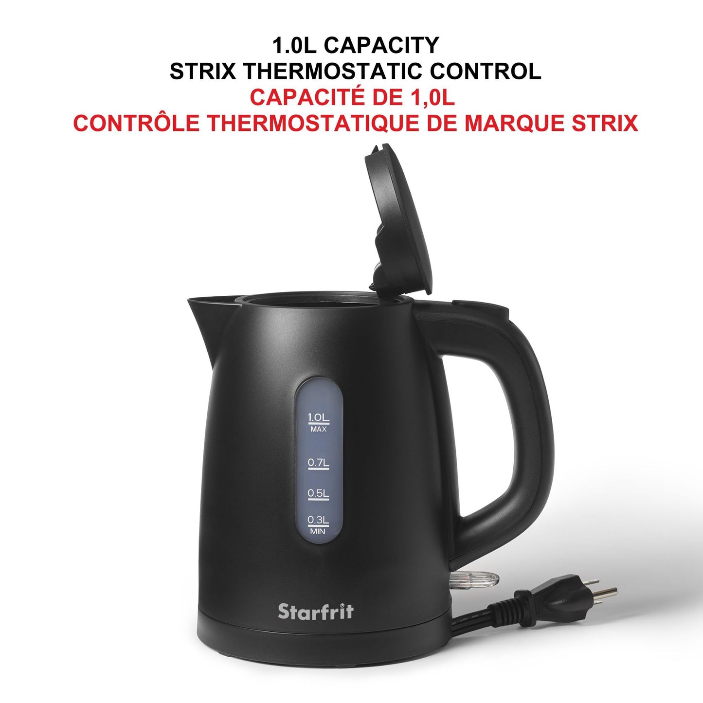Starfrit Alston Electric Plastic Kettle - 1L Capacity - Water Level Indicator - Automatic Shut-Off - 1500W - Black Matte