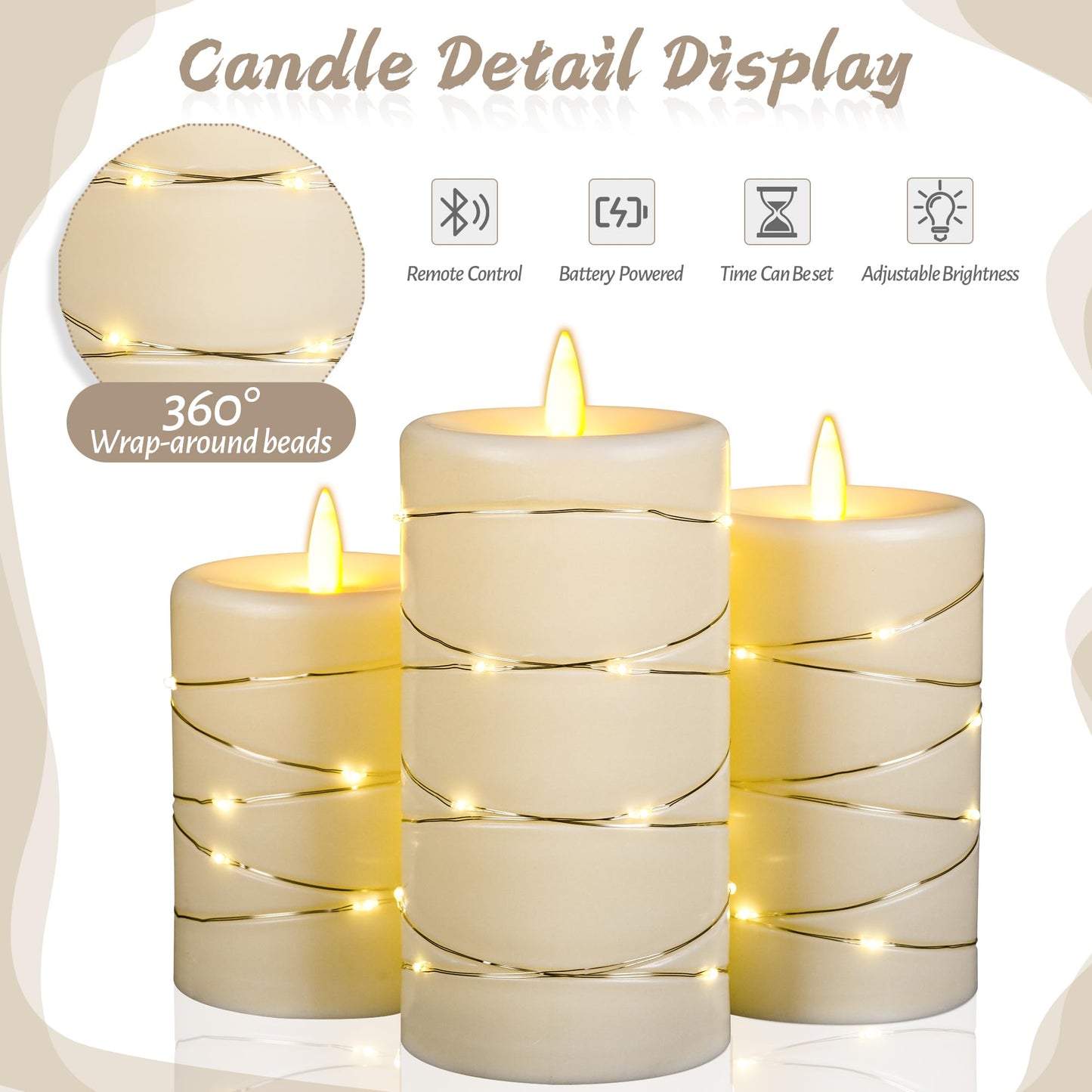 3 Pack Ivory Flameless Taper Candles, Upgraded Realistic Flame Wick LED Candles with Surrounding Copper String Lights, Remote Control Battery Operated Flickering Candles for Home Wedding Holiday Decor