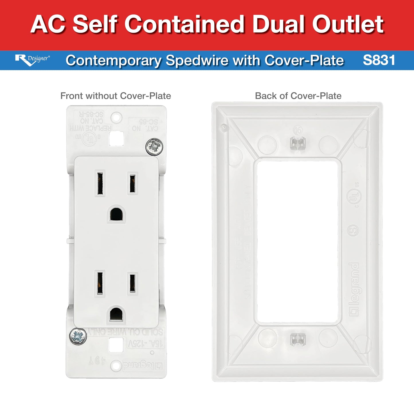 RV Designer S831, AC Contemporary Dual Outlet, Self Contained, Speedwire With Cover-Plate, White