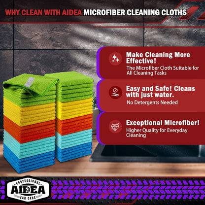 AIDEA Microfiber Cleaning Cloths-50PK, Microfiber Towels for Cars, Premium All-Purpose Car Cloth, Dusting Cleaning Rags, Absorbent Towels for SUVs, House, Kitchen, Window, Gift-12×12"
