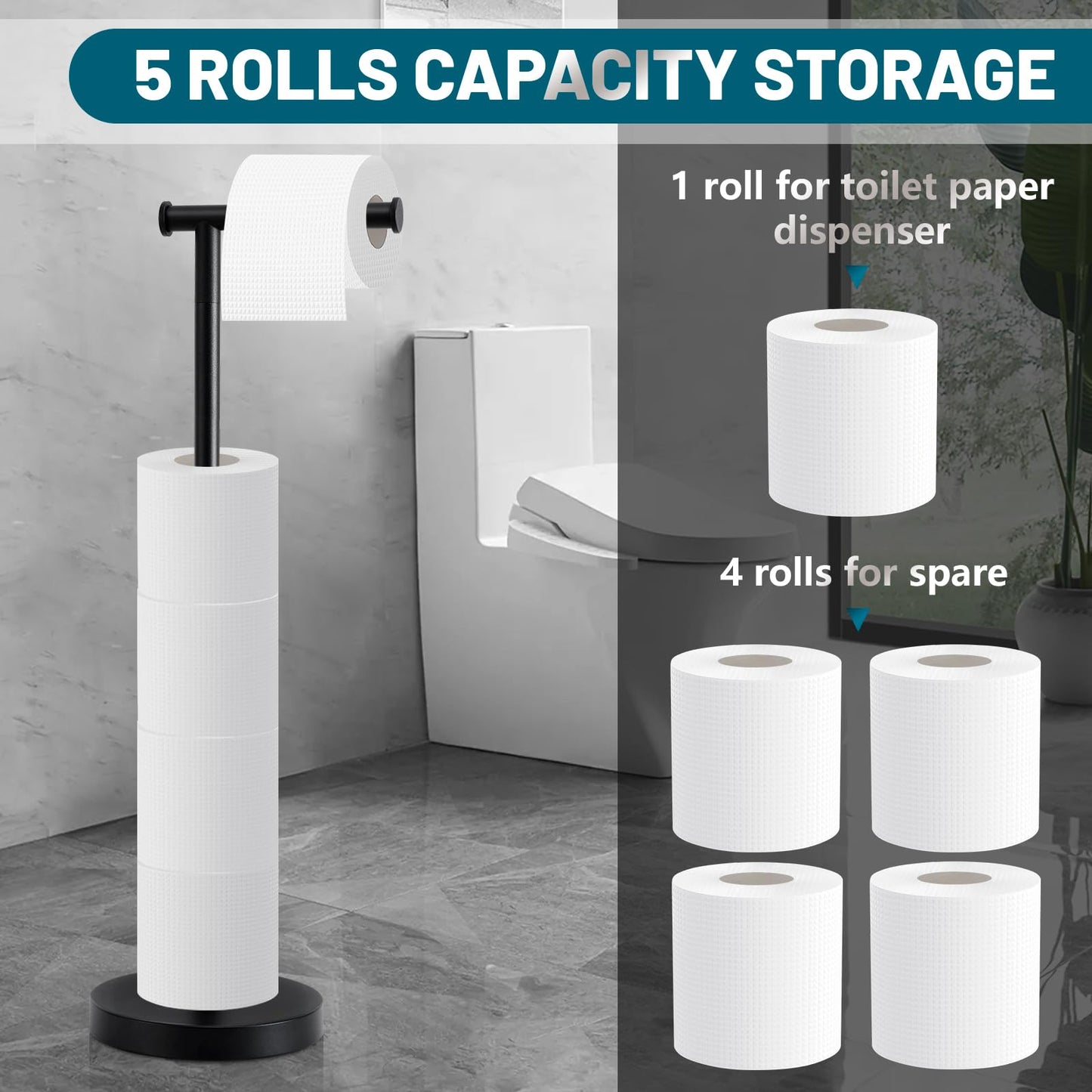 Toilet Paper Holder Stand, Toilet Paper Holder Free Standing with Stable Weighted Base, Water Proof & Rustproof Toilet Paper Stand Black, Large Capacity Free Standing Toilet Paper Roll Holder