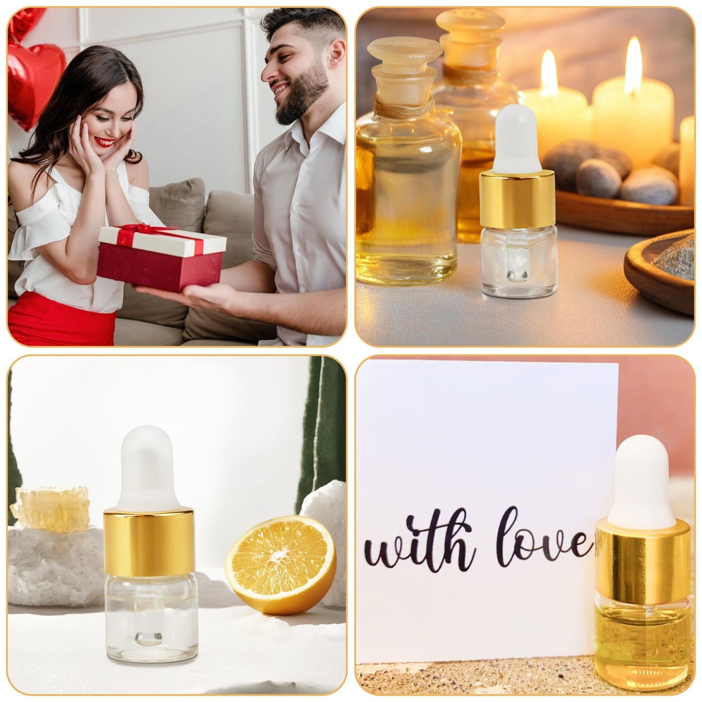 Mini Glass Dropper Bottle for Essential Oil,1ml Small Clear Sample Dropper Vails with Gold Cap,Perfume Cosmetic Liquid Containers for Traveling (1ml, 100pcs)