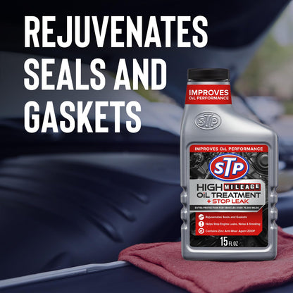 STP High Mileage Oil Treatment + Stop Leak Engine Oil Additive, 15 fl oz, Contains ZDDP Anti-Wear Agent to Fight Friction, Rejuvenates Seals and Gaskets, Stops Leaks