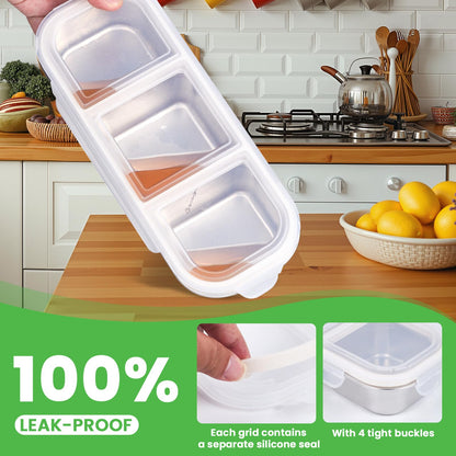 2 PACK Stainless Steel Snack Containers with Lids, 600ML 3 Compartments Divided, Reusable Leakproof Home Food Storage Containers, Grab and Go Lunch Box for Kids