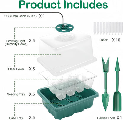 Danolt 5 Pack 60 Cell Seed Trays for Seedlings with Light, Heated Propagators for Seeds, Seed Trays with Lids, Includes 10 Pcs Plant Label and 2 Pcs Tools