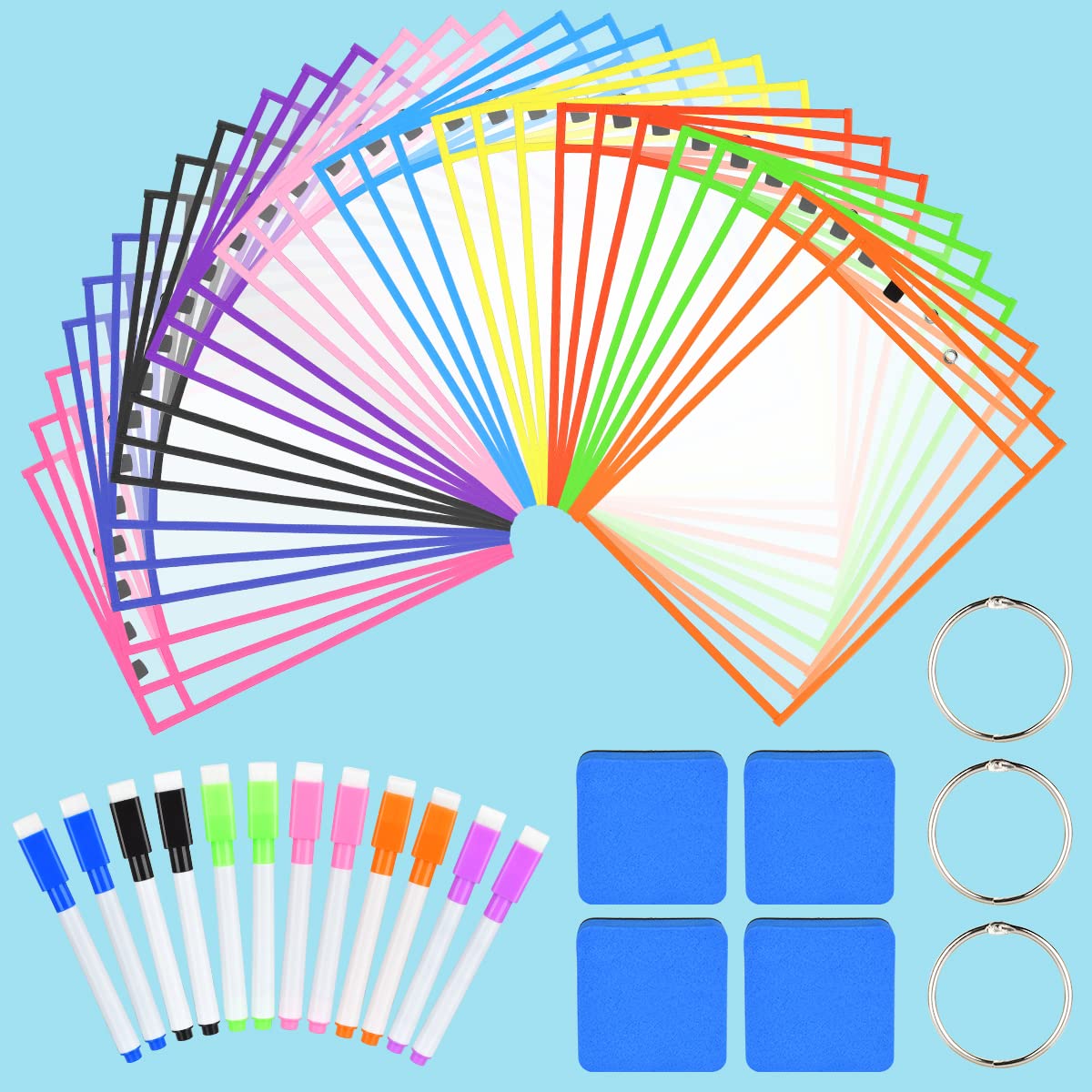 30 Pcs Reusable Dry Erase Pockets Sleeves,10" x 14" Clear Plastic Sheet Protectors with 12 Pens,4 Erasers for Classroom School Office Supplies,10 Colors