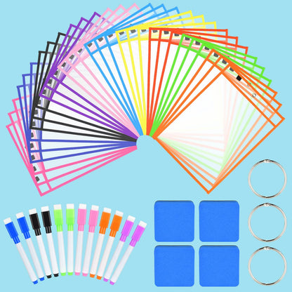 30 Pcs Reusable Dry Erase Pockets Sleeves,10" x 14" Clear Plastic Sheet Protectors with 12 Pens,4 Erasers for Classroom School Office Supplies,10 Colors