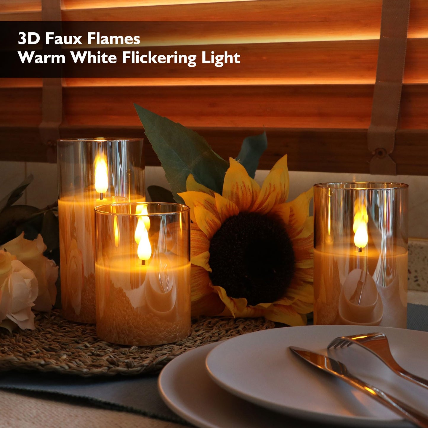 Rhytsing Gold Glass Battery Operated Candles with Remote, Flameless LED Candle Gift Set, Warm White Light, Batteries Included - Set of 3