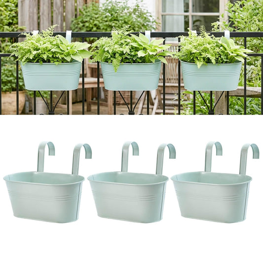 vensovo Metal Railing Planter for Outdoor Plants - 3 Pack Balcony Hanging Planter Box with Detachable Hooks and Drain Holes Oval Hanging Pots Fence Planters for Railing Garden Fence, Green