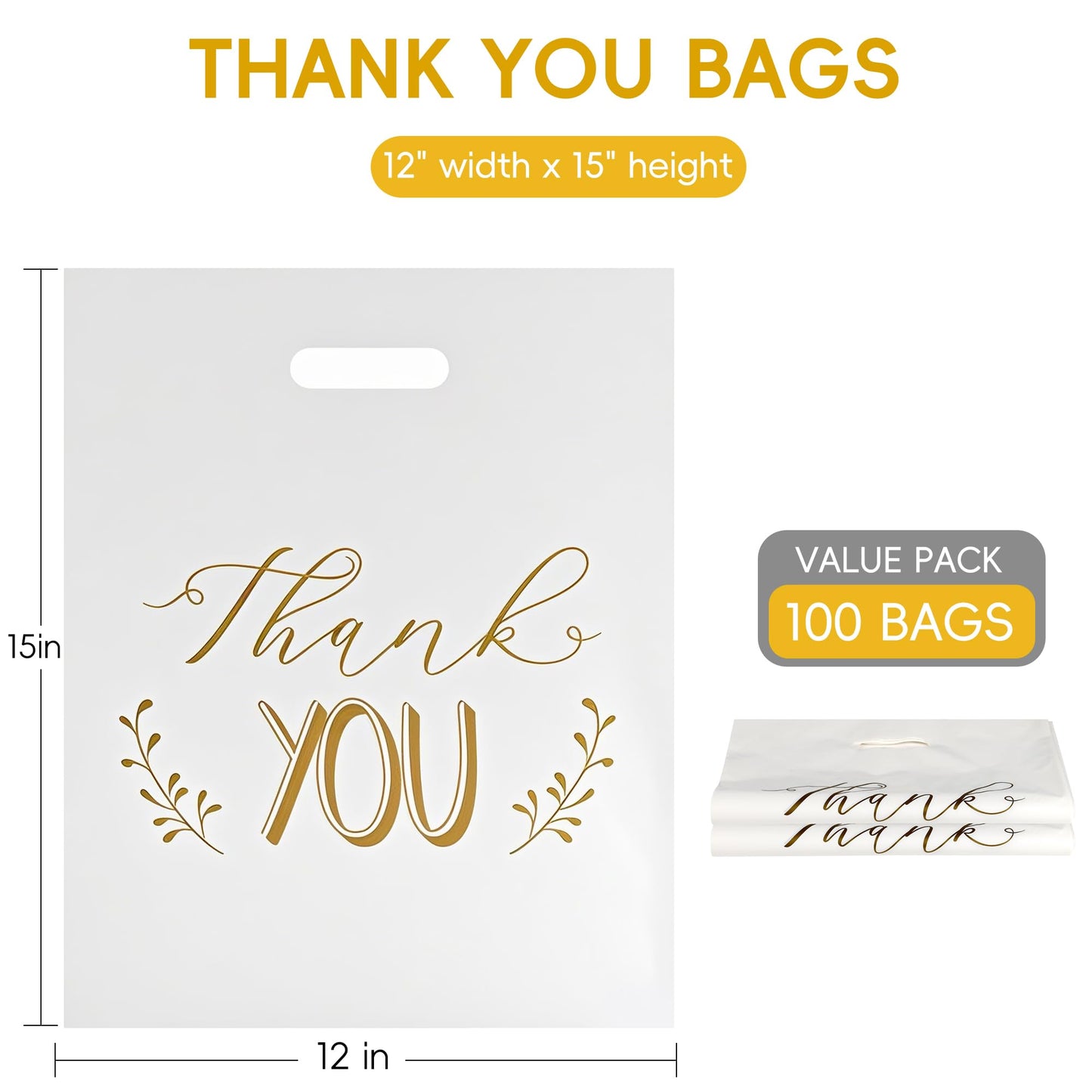 POPGIFTU Thank You Bags for Business Small - 12"x15" Reusable White Retail Plastic Shopping Bags with Die Cut Handle, 100 Pack - Perfect for Boutique, Clothing Stores, Gifts, Trade Shows, Wholesale