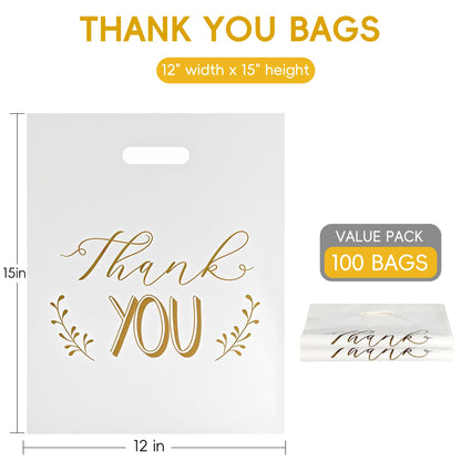 POPGIFTU Thank You Bags for Business Small - 12"x15" Reusable White Retail Plastic Shopping Bags with Die Cut Handle, 100 Pack - Perfect for Boutique, Clothing Stores, Gifts, Trade Shows, Wholesale