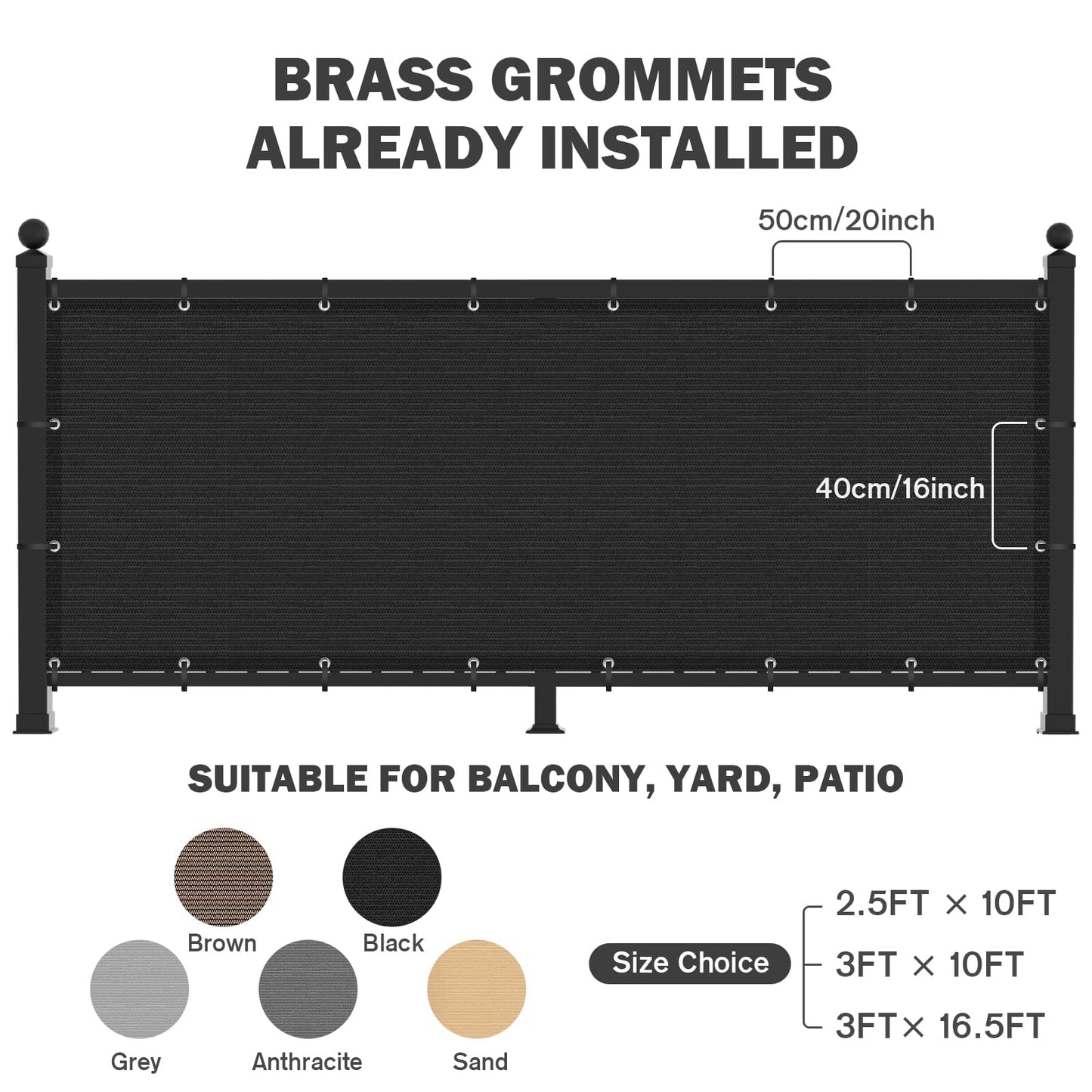 UIRWAY Privacy Screen Balcony Fence 3'x10', Garden Courtyard Privacy Fence Screen with Zip Ties UV Protection, for Animal Barriers, Decks, Patios, Outdoor Pools, Porches, Condo Railings - Black