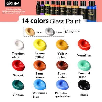Colorful Stain Glass Paint Set with 6 Brushes, 1 Palette, 14 Colors Waterproof Permanent Glass Painting Kit for Arts on Wine Glasses,Bottle and Windows