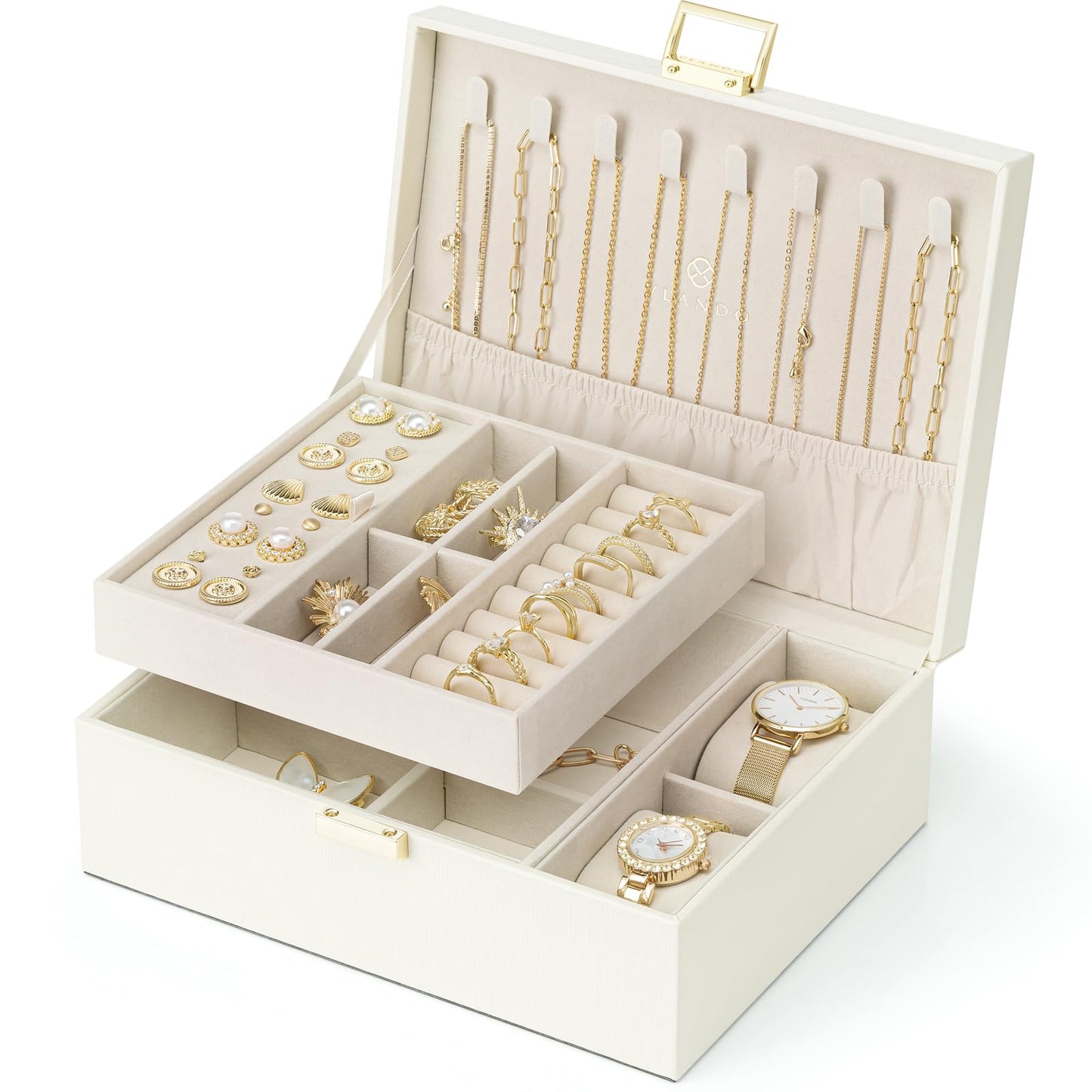 Vlando 2 Layer Jewelry Box Large Jewelry Organizer for Women Removable Jewelery Tray with Watch Pillow for Necklace Earrings Rings Bracelets Jewelry Boxes for Mother‘s Day Gifts (White)