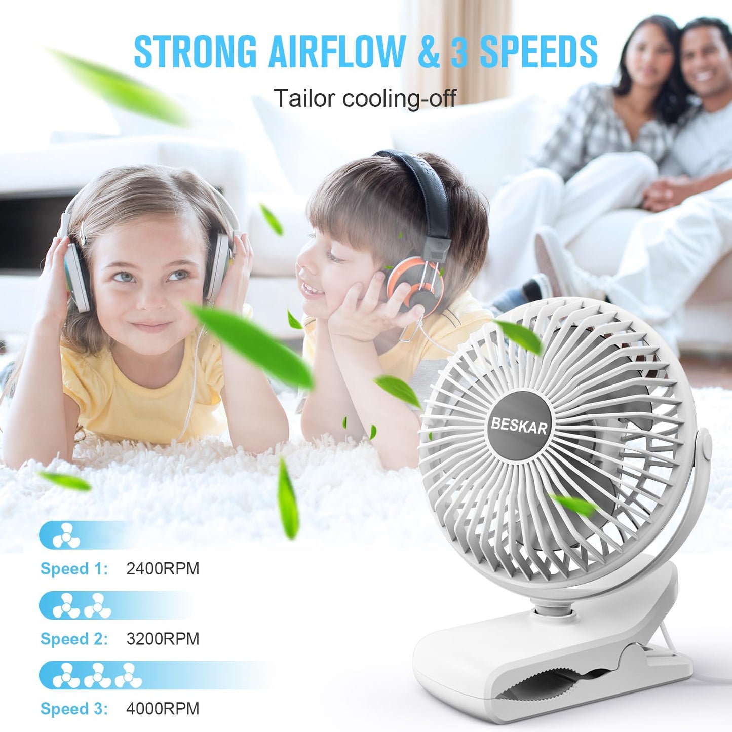BESKAR USB Powered Clip on Fan, Portable Small Fan with Cord, 3 Speeds Strong Airflow, Personal Fan with Sturdy Clamp, Quiet Desk Fan & Clip Fan
