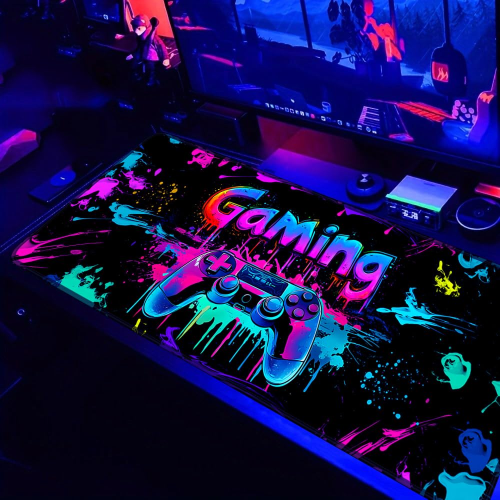 SparkLia Gaming Mouse Pad, UV Reactive X-Large Waterproof Blacklight Colorful Splatter Art Game Controller Non-Slip Rubber Base Mousemat, Glow in the Dark Desk Mat for Office Home - 31.5 x 11.8 inches