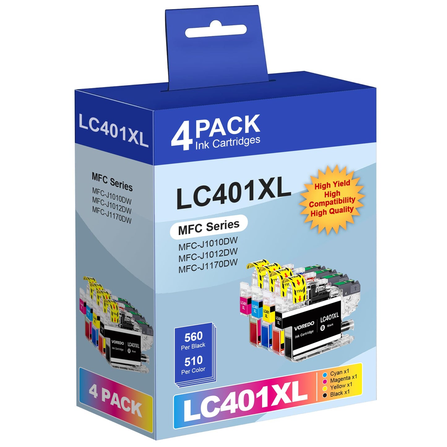 4 Pack LC401 Ink Cartridge LC 401XL Ink Replacement for Brother LC401 XL Ink for Brother LC 401 XL Ink for MFC J1010DW Printer Ink LC401XL for MFC J1012DW J1170DW Printer (Black Cyan Magenta Yellow)