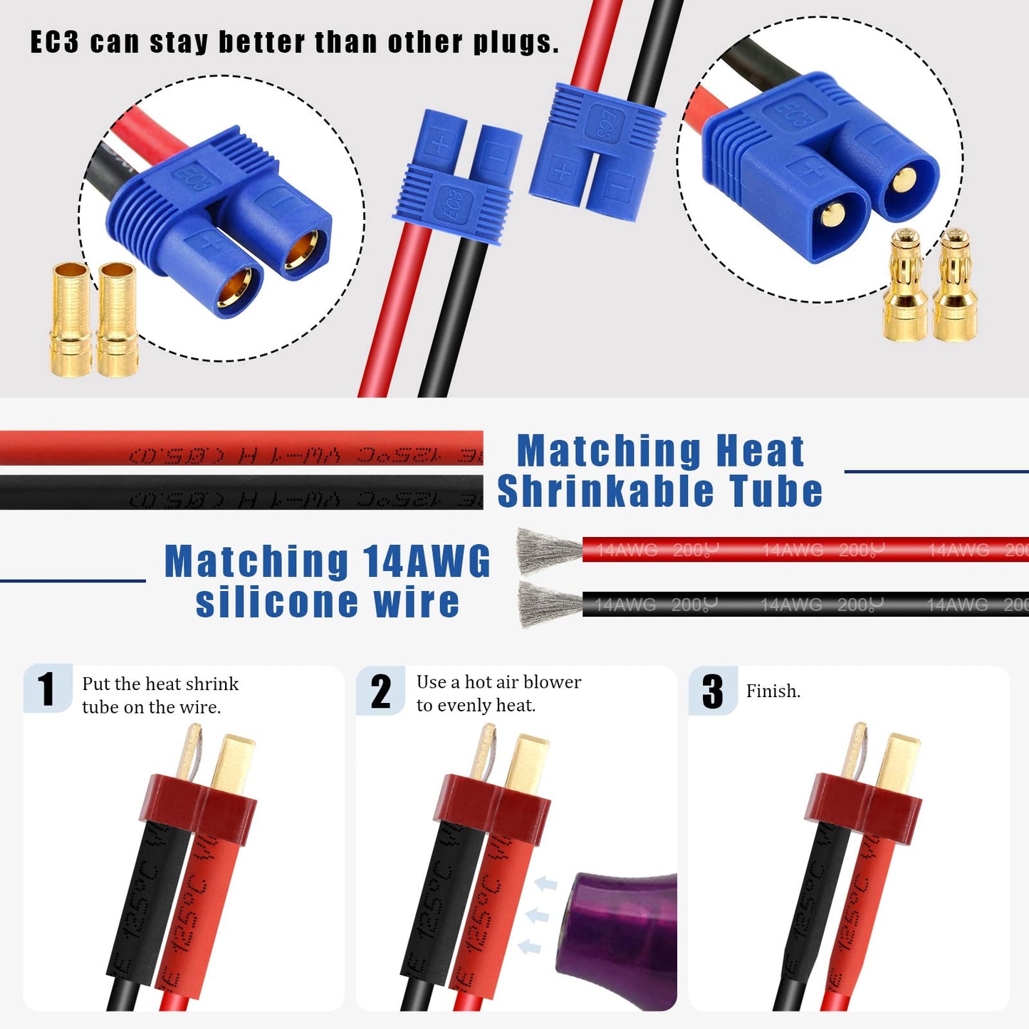 Glarks 45Pcs Wire Stripping Tool and XT60/EC3/T-Plug Deans XT60 Male and Female Connector with 14 Gauge Silicone Wire Heat Shrink Tubes for RC ESC Lipo Battery Motor