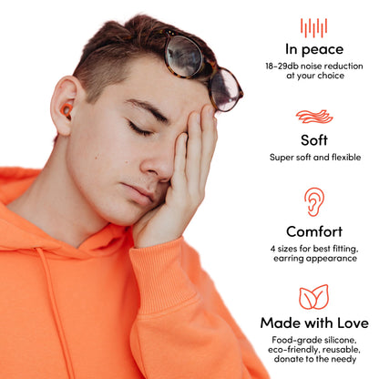Audree Super Soft Ear Plugs for Sleeping Noise Cancelling - 28dB Noise Reduction Earplugs for Sleep , Concert, Airplanes & Noise Sensitivity, 8 Reusable Silicone Ear Tips in XS/S/M/L (Orange)