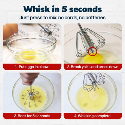 14 Inch Stainless Steel Hand Whisk - Durable & Easy to Use Push-Down Zip Whisker - Rotary Hand Mixer for Beating Eggs, Frothing Milk, Blending, Mixing, Whipping Smoothies & Shakes - Kitchen Tools