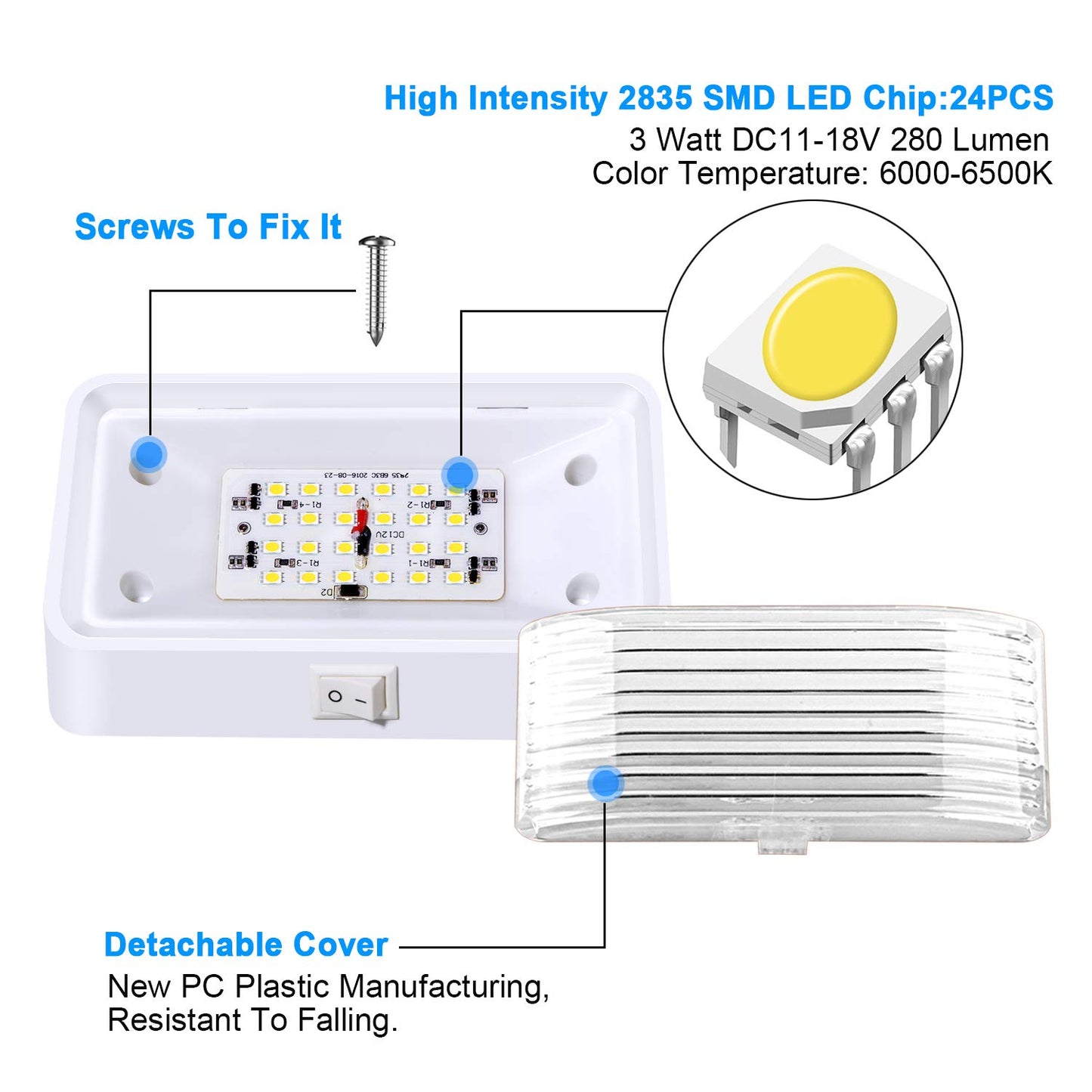 ShinePick LED RV Porch Light 12V Super Bright RV Exterior Lights with ON/Off Switch, Lighting for RVs, Trailers, Campers,White Base, Clear and Amber Removable Lenses(2 Pack)