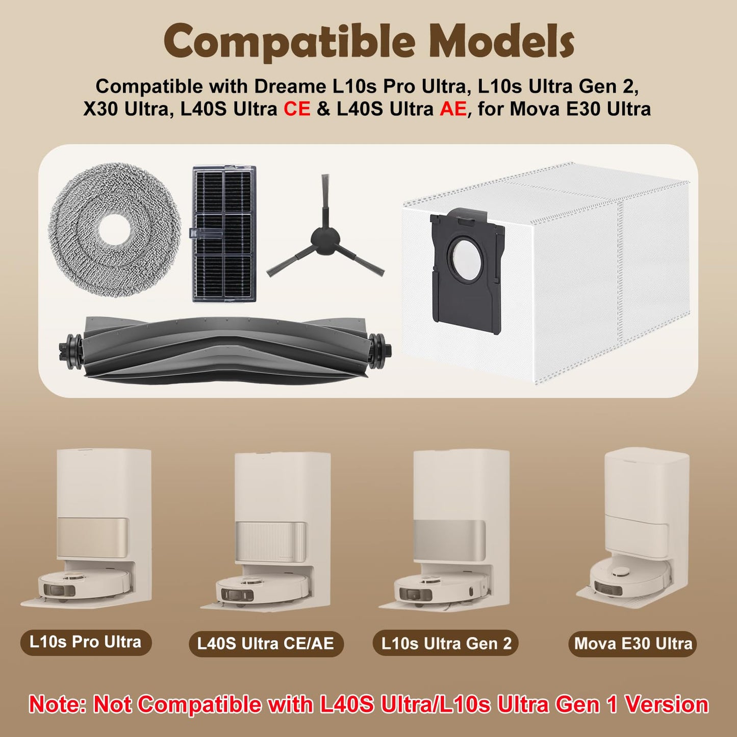 Spofan Accessories for Dreame L10s Ultra Gen 2/L10s Pro Ultra/X30 Ultra/L40s Ultra AE/L40s Ultra CE, Mova E30 Ultra Robot Vacuum, 1 Main Brush, 2 HEPA Filters, 4 Side Brushes, 4 Mop Pads, 6 Dust Bags