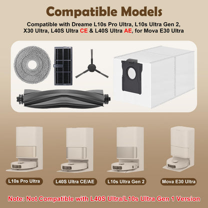 Spofan Accessories for Dreame L10s Ultra Gen 2/L10s Pro Ultra/X30 Ultra/L40s Ultra AE/L40s Ultra CE, Mova E30 Ultra Robot Vacuum, 1 Main Brush, 2 HEPA Filters, 4 Side Brushes, 4 Mop Pads, 6 Dust Bags