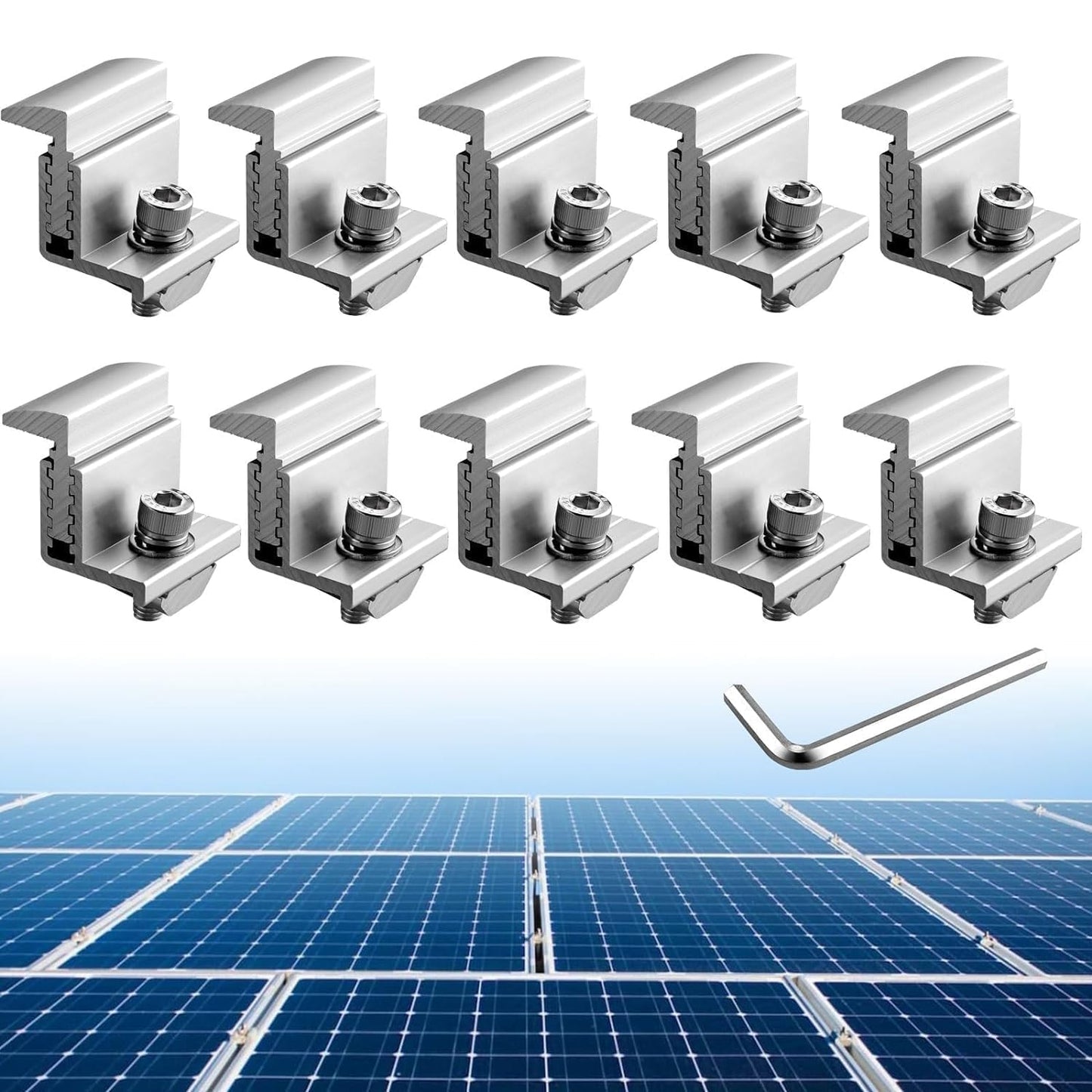 Anbte 10PCS Solar Panel End Clamp, 30-50mm Adjustable, Z Brackets for Solar Panels Include 10 Screws M8, Aluminum Rail End Clamps for Solar Panel PV Mounting System (Silver)