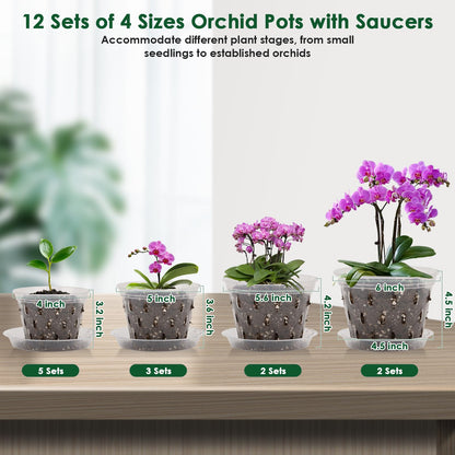 12 Orchid Pots with Holes and Saucers for Repotting, 4" 5" 5.6" 6" Clear Orchid Pot with Green Orchid Stick Clip, Breathable Slotted Plastic Orchid Planter with Drainage for Root Health Indoor Outdoor