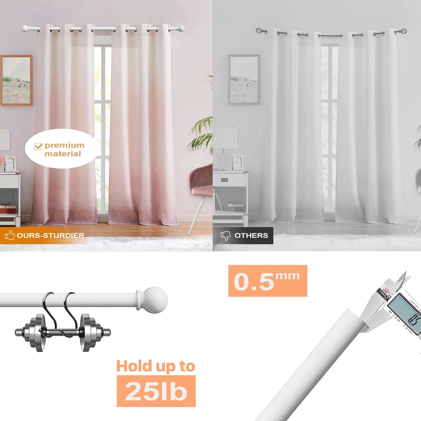 2 Pack Curtain Rod 48 to 84 inch, Adjustable 5/8 Diameter Decorative Drapery Rod Set of 2, Heavy Duty Metal Standard Curtain Rod for Bedroom, Living Room