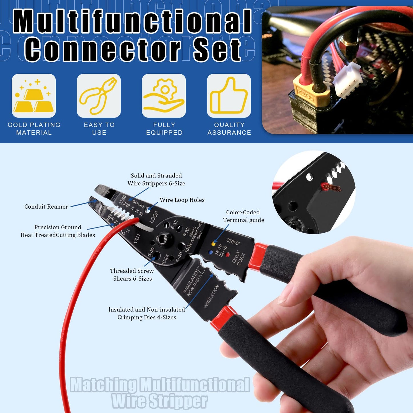 Glarks 45Pcs Wire Stripping Tool and XT60/EC3/T-Plug Deans XT60 Male and Female Connector with 14 Gauge Silicone Wire Heat Shrink Tubes for RC ESC Lipo Battery Motor