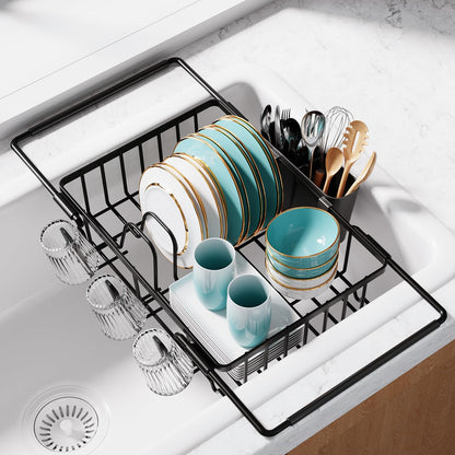 Sakugi Dish Drying Rack in Sink - Expandable Stainless Steel Dish Rack Over The Sink, Kitchen Sink Drain Strainer with Cutlery Holder & Cup Holders, 15.4 x 9.8 x 3.0 Inch, Black